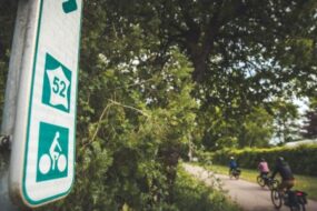 des cyclotouristes empruntant la V52 en Meurthe-et-Moselle. Ils sont ensemble sur une voie verte sécurisée pour les vélos.